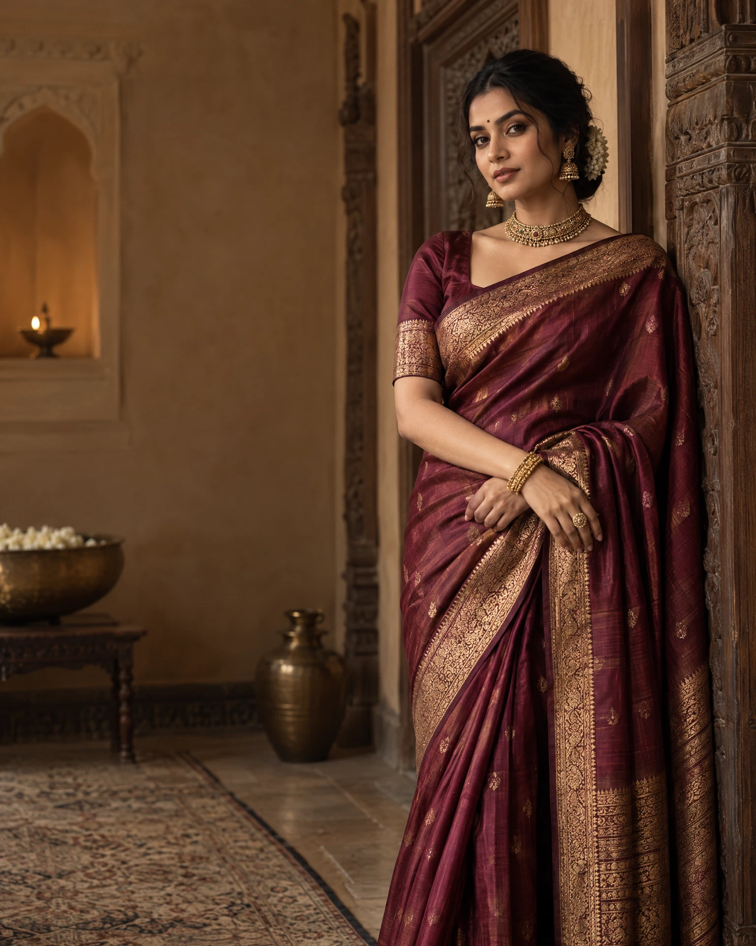 A model in a rich burgundy silk saree with antique-gold detailing