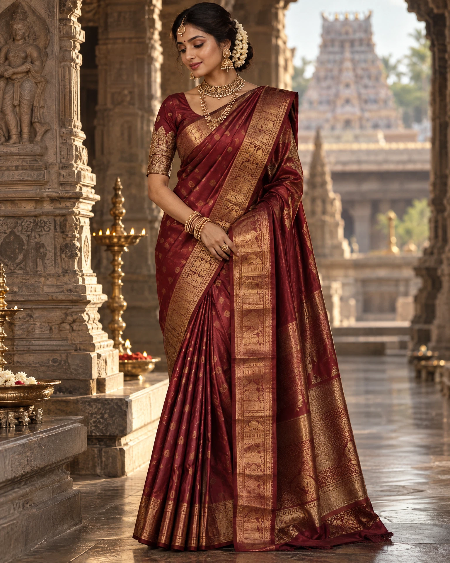 Ruby and wine Kanjeevaram bridal silk saree with an antique-gold border