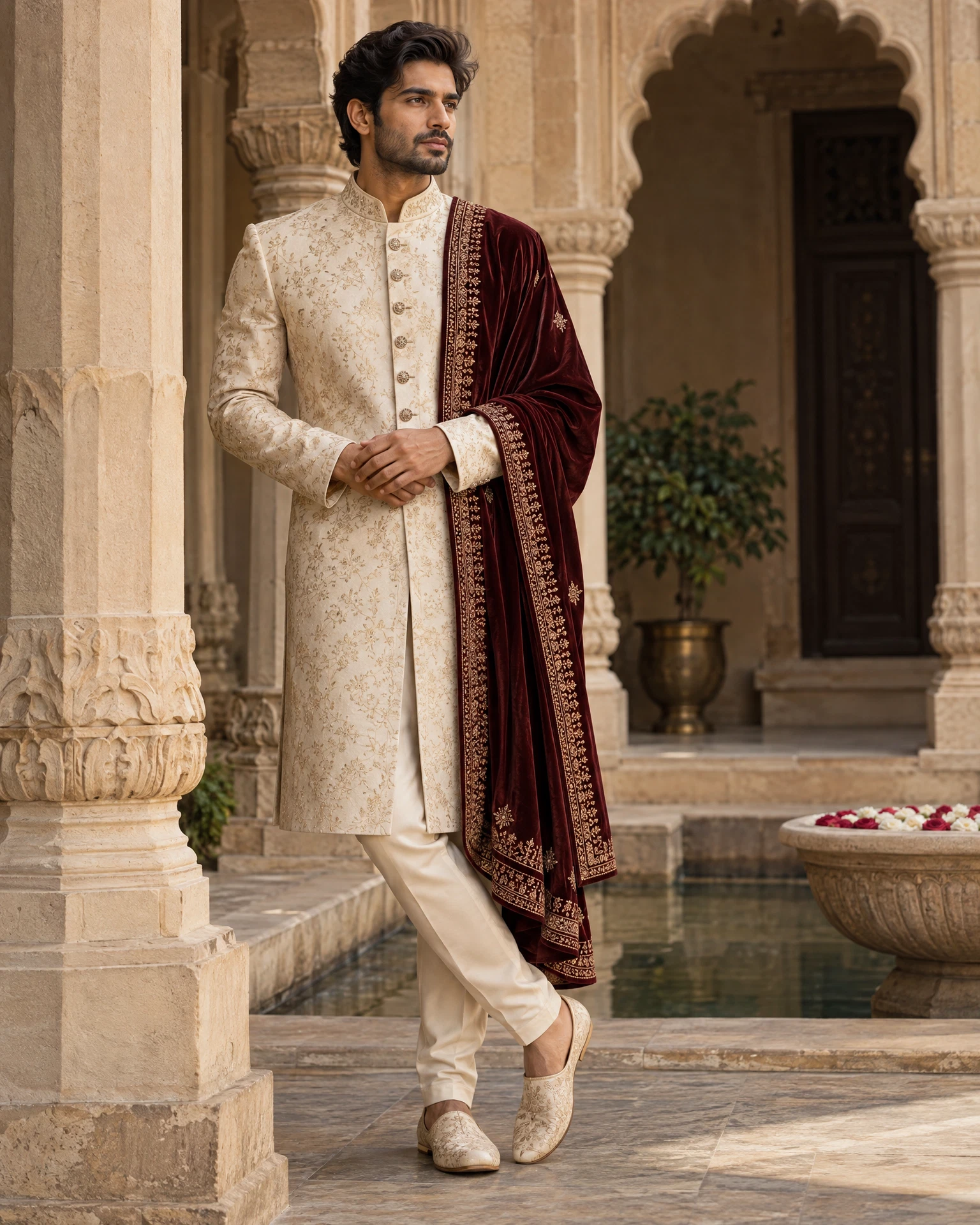 An ivory sherwani with subtle gold embroidery and a burgundy stole